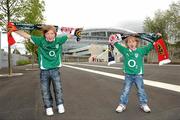 31 July 2010; Rugby supporters Daniel Brien, left, age 10, with his brother Finn, age 6, from Delganey, Co. Wicklow, arriving at the Aviva stadium before the start of the game between  Leinster / Ulster and Munster / Connacht. Combined Provinces Match, Leinster / Ulster v Munster / Connacht, Aviva Stadium, Lansdowne Road, Dublin. Picture credit: David Maher / SPORTSFILE