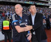 31 July 2010; Dublin manager Pat Gilroy, left, is congratulated by John Costello, Dublin GAA Chief Executive, at the final whistle. GAA Football All-Ireland Senior Championship Quarter-Final, Tyrone v Dublin, Croke Park, Dublin. Picture credit: Oliver McVeigh / SPORTSFILE
