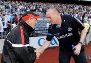 31 July 2010; Dublin manager Pat Gilroy, right, is congratulated by Tyrone manager Mickey Harte at the final whistle. GAA Football All-Ireland Senior Championship Quarter-Final, Tyrone v Dublin, Croke Park, Dublin. Picture credit: Oliver McVeigh / SPORTSFILE