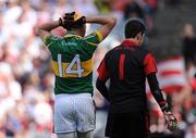31 July 2010; Kieran Donaghy, Kerry, holds his head after seeing his shot saved by Down Goalkeeper, Brendan McVeigh. GAA Football All-Ireland Senior Championship Quarter-Final, Kerry v Down, Croke Park, Dublin. Picture credit: Oliver McVeigh / SPORTSFILE