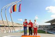 31 July 2010; The medallists from the Women's Hammer Final, from left, Silver medallist Tatyana Lysenko, of Russia, Gold medallist Betty Heidler of Germany and Bronze medallist Anita Woldarczyk, of Poland. 20th European Athletics Championships Montjuïc Olympic Stadium, Barcelona, Spain. Picture credit: Brendan Moran / SPORTSFILE