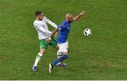 22 June 2016; Simone Zaza of Italy in action against Richard Keogh of Republic of Ireland during the UEFA Euro 2016 Group E match between Italy and Republic of Ireland at Stade Pierre-Mauroy in Lille, France. Photo by Paul Mohan / Sportsfile
