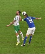 22 June 2016; Daryl Murphy of Republic of Ireland in action against Leonardo Bonucci of Italy during the UEFA Euro 2016 Group E match between Italy and Republic of Ireland at Stade Pierre-Mauroy in Lille, France. Photo by Paul Mohan / Sportsfile