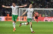 22 June 2016; Republic of Ireland players Robbie Brady and Stephen Ward celebrate at the final whistle following the UEFA Euro 2016 Group E match between Italy and Republic of Ireland at Stade Pierre-Mauroy in Lille, France. Photo by David Maher / Sportsfile
