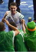 22 June 2016; Robbie Brady of Republic of Ireland celebrates with supporters following the UEFA Euro 2016 Group E match between Italy and Republic of Ireland at Stade Pierre-Mauroy in Lille, France. Photo by Paul Mohan / Sportsfile
