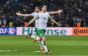 22 June 2016; Robbie Brady, right, and Stephen Ward of Republic of Ireland celebrate following the UEFA Euro 2016 Group E match between Italy and Republic of Ireland at Stade Pierre-Mauroy in Lille, France. Photo by David Maher / Sportsfile
