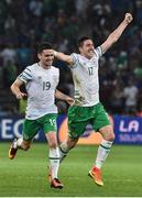 22 June 2016; Robbie Brady, left, and Stephen Ward of Republic of Ireland celebrate following the UEFA Euro 2016 Group E match between Italy and Republic of Ireland at Stade Pierre-Mauroy in Lille, France. Photo by David Maher / Sportsfile