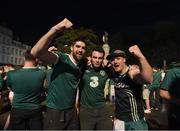 22 June 2016; Republic of Ireland supporters, from left, Padraic Holmes and Tommy Dyra, both from Newport, Co. Mayo, and Pol Seoige, from Westport, Co Mayo, celebrate their victory during the early hours of the morning following the UEFA Euro 2016 Group E match between Italy and Republic of Ireland in Lille, France. Photo by Stephen McCarthy/Sportsfile