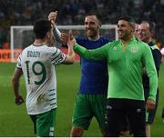 22 June 2016; Robbie Brady of Republic of Ireland celebrates with Richard Keogh and Jonathan Walters at the end of the UEFA Euro 2016 Group E match between Italy and Republic of Ireland at Stade Pierre-Mauroy in Lille, France. Photo by David Maher/Sportsfile