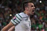 22 June 2016; Seamus Coleman of Republic of Ireland celebrates at the end of the game during the UEFA Euro 2016 Group E match between Italy and Republic of Ireland at Stade Pierre-Mauroy in Lille, France. Photo by David Maher/Sportsfile