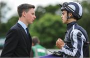 23 June 2016; Trainer Joseph O'Brien, left, and jockey Donnacha O'Brien in conversation after winning The Irish Stallion Farms European Fund Maiden Race with Eagle Spirit during the Bulmer's Evening Meeting at Leopardstown Racecourse in Leopardstown, Dublin. Photo by Seb Daly/Sportsfile