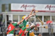 23 June 2016; Oisin Kelly and Emmet Nolan of Offaly in action against Michael Malone and Paraic Coughlan of Carlow during the Bord Gáis Energy Leinster GAA Hurling U21 Championship Semi-Final match between Carlow and Offaly at Netwatch Cullen Park in Carlow. Photo by Matt Browne/Sportsfile