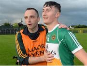 23 June 2016; Oisin Kelly and manager James McGrath of Offaly after the Bord Gáis Energy Leinster GAA Hurling U21 Championship Semi-Final match between Carlow and Offaly at Netwatch Cullen Park in Carlow. Photo by Matt Browne/Sportsfile