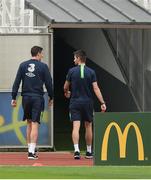 24 June 2016; Stephen Ward of Republic of Ireland and physiotherapist John Flynn leave during squad training in Versailles, Paris, France. Photo by David Maher/Sportsfile