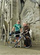 24 June 2016; 100 cyclists set off on their 2 day journey from the Capuchin Day Centre in Smithfield to Belmullet, Co. Mayo. The cyclists, among them Mayo legend David Brady, are closing in on their fundraising target of €100,000 which will go directly to the Capuchin Day Centre which has been providing relief for the homeless since 1969. Pictured are former Mayo footballer David Brady, left, and Brother Kevin Crowley, outside the Capuchin Friary at St. Mary of the Angels Church at Smithfield, Dublin. Photo by Seb Daly/Sportsfile