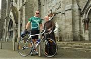 24 June 2016; 100 cyclists set off on their 2 day journey from the Capuchin Day Centre in Smithfield to Belmullet, Co. Mayo. The cyclists, among them Mayo legend David Brady, are closing in on their fundraising target of €100,000 which will go directly to the Capuchin Day Centre which has been providing relief for the homeless since 1969. Pictured are former Mayo footballer David Brady, left, and Brother Kevin Crowley, outside the Capuchin Friary at St. Mary of the Angels Church at Smithfield, Dublin. Photo by Seb Daly/Sportsfile