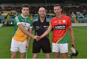 23 June 2016; Referee Justin Heffernan with Offaly captain David O'Toole Green, left, and Carlow captain Michael Malone before the Bord Gáis Energy Leinster GAA Hurling U21 Championship Semi-Final between Carlow and Offaly at Netwatch Cullen Park in Carlow. Photo by Matt Browne/Sportsfile