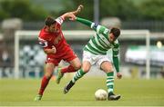 24 June 2016; Dean Clarke of Shamrock Rovers is tackled by Gearóid Morrissey of Cork City during the SSE Airtricity League Premier Division game between Shamrock Rovers and Cork City at Tallaght Stadium in Tallaght, Dublin. Photo by Ramsey Cardy/Sportsfile