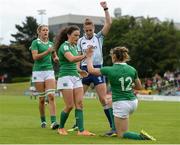 25 June 2016; Alison Miller of Ireland is congratulated by teammate and captain Lucy Mulhall after scoring her second try of the match during the World Rugby Women's Sevens Olympic Repechage Pool C match between Ireland and Trinidad & Tobago at UCD Sports Centre in Belfield, Dublin. Photo by Seb Daly/Sportsfile