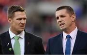 25 June 2016; Former Munster team-mates Jean de Villiers, left, and Alan Quinlan, in their respective roles as TV analysts, before the Castle Lager Incoming Series 3rd Test between South Africa and Ireland at the Nelson Mandela Bay Stadium in Port Elizabeth, South Africa. Photo by Brendan Moran/Sportsfile