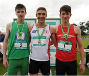 25 June 2016; Boys 100m medallists, from left, David Murphy, CBS Kilkenny, silver, Aaron Sexton, Bangos G.S., gold and Jack Dempsey, HRC Mountbellew, bronze  during the GloHealth Tailteann Interprovincial Schools Championships 2016 at Morton Stadium in Santry, Co Dublin. Photo by Sam Barnes/Sportsfile