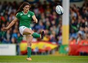 25 June 2016; Lucy Mulhall of Ireland kicks a conversaion after scoring her side's fourth try of the match during the World Rugby Women's Sevens Olympic Repechage Pool C match between Ireland and Portugal at UCD Sports Centre in Belfield, Dublin. Photo by Seb Daly/Sportsfile
