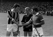 3 September 1978; Kilkenny captain Ger Henderson, left, shakes hands with Cork captain Charlie McCarthy, as referee Jimmy Rankins looks on. All-Ireland Hurling Final, Cork v Kilkenny, Croke Park, Dublin. Picture credit: Connolly Collection / SPORTSFILE