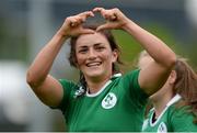 25 June 2016; Lucy Mulhall of Ireland signals to her team's supporters following her side's victory during the World Rugby Women's Sevens Olympic Repechage Pool C match between Ireland and China at UCD Sports Centre in Belfield, Dublin. Photo by Seb Daly/Sportsfile