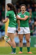 25 June 2016; Amee Leigh Muphy Crowe of Ireland, left, is congratulated by captain Lucy Mulhall after scoring her side's second try of the match during the World Rugby Women's Sevens Olympic Repechage Pool C match between Ireland and China at UCD Sports Centre in Belfield, Dublin. Photo by Seb Daly/Sportsfile