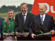 25 June 2016; Jockey Pat Smullen with, from left, trainer Dermot Weld and owner H H Aga Khan after winning the Dubai Duty Free Irish Derby on Harzand at the Curragh Racecourse in the Curragh, Co. Kildare. Photo by Cody Glenn/Sportsfile