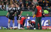 25 June 2016; Tiernan O'Halloran of Ireland is attended to by medical personnel after a tackle for which Willie le Roux of South Africa was shown a yellow card during the Castle Lager Incoming Series 3rd Test between South Africa and Ireland at the Nelson Mandela Bay Stadium in Port Elizabeth, South Africa. Photo by Brendan Moran/Sportsfile