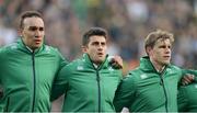 25 June 2016; Ireland players, from left, Ultan Dillane, Tiernan O'Halloran and Andrew Trimble during the national anthems before the Castle Lager Incoming Series 3rd Test between South Africa and Ireland at the Nelson Mandela Bay Stadium in Port Elizabeth, South Africa. Photo by Brendan Moran/Sportsfile
