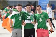 26 June 2016; Republic of Ireland supporters Pádraid Doyle, Jason and Tommy O'Sullivan from Kilarney after collecting their tickets ahead of the UEFA Euro 2016 Round of 16 match between France and Republic of Ireland at Stade des Lumieres in Lyon, France. Photo by Ray McManus/Sportsfile
