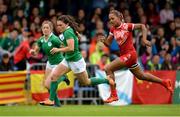 25 June 2016; Lucy Mulhall of Ireland races clears to score her side's first try of the match during the World Rugby Women's Sevens Olympic Repechage Quarter Final match between Ireland and Tunisia at UCD Sports Centre in Belfield, Dublin. Photo by Seb Daly/Sportsfile