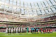 4 August 2010; The Manchester United and Airtricity League XI teams stand together before the game. Friendly Match, Airtricity League XI v Manchester United, Aviva Stadium, Lansdowne Road, Dublin. Picture credit: Brendan Moran / SPORTSFILE