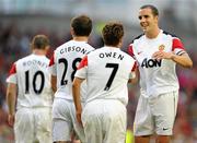 4 August 2010; Micheal Owen, Manchester United, is congratulated by team-mate John O'Shea after scoring his side's secomd goal. Friendly Match, Airtricity League XI v Manchester United, Aviva Stadium, Lansdowne Road, Dublin. Picture credit: Stephen McCarthy / SPORTSFILE