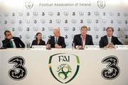 5 August 2010; Robert Finnegan, CEO, 3, with Republic of Ireland manager Giovanni Trapattoni, centre, assistant manager Marco Tardelli, left, interpreter Manuela Spinelli,  and John Delaney, Chief Executive, FAI, right, as 3, Ireland’s largest high speed network, today announced a four year agreement which sees 3 become the primary sponsor of the Irish national football team and all international squads. 3 will not only support the national team but will also work with football at grassroots level involving clubs and leagues up and down the country. The deal comes at an extremely exciting time for Irish football, coinciding with the move to a new world-class home in the Aviva Stadium and the continued growth of the senior international team under Giovanni Trapattoni and Marco Tardelli. With more than half-a million customers, 3 is aiming to increase its brand awareness and market share through the new agreement. Visit www.three.ie for more details. Aviva Stadium, Lansdowne Road, Dublin. Picture credit: Brendan Moran / SPORTSFILE