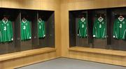 5 August 2010; Republic of Ireland jerseys, in the dressing room, as 3, Ireland’s largest high speed network, today announced a four year agreement which sees 3 become the primary sponsor of the Irish national football team and all international squads. 3 will not only support the national team but will also work with football at grassroots level involving clubs and leagues up and down the country. With more than half-a million customers, 3 is aiming to increase its brand awareness and market share through the new agreement. Visit www.three.ie for more details. Aviva Stadium, Lansdowne Road, Dublin. Picture credit: Brendan Moran / SPORTSFILE