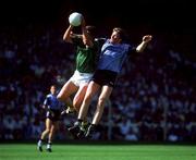 6 July 1991; Liam Hayes of Meath catches a kickout ahead of Paul Bealin of Dublin during the Leinster Senior Football Championship preliminary round third replay match between Dublin and Meath at Croke Park in Dublin. Photo by David Maher/Sportsfile