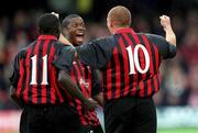 11 July 2001; Glen Crowe of Bohemians, right, celebrates with team-mates Avery John, centre, and Mark Rutherford celebrate after scoring a goal during the UEFA Champions League First Qualifying Round First Leg match between Bohemians and FC Levadia Maardu at Dalymount Park in Dublin. Photo by Damien Eagers/Sportsfile
