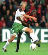 11 July 2001; Mark Rutherford of Bohemians in action against Juri Leitan of FC Levadia Maardu during the UEFA Champions League First Qualifying Round First Leg match between Bohemians and FC Levadia Maardu at Dalymount Park in Dublin. Photo by Brian Lawless/Sportsfile