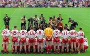 8 July 2001; The Tyrone team stand for their official team photograph prior to the Bank of Ireland Ulster Senior Football Championship Final match between Tyrone and Cavan at St Tiernach's Park in Clones, Monaghan. Photo by Damien Eagers/Sportsfile