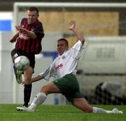 18 July 2001; Stephen Caffrey of Bohemians in action against  Indro Olumets of FC Levadia Maardu during the UEFA Champions League First Qualifying Round Second Leg match between FC Levadia Maardu and Bohemians at Lillekula Stadium in Tallinn, Estonia. Photo by David Maher/Sportsfile
