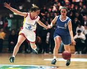 25 January 1998; Donna Roche of Opennet Naomh Mhuire in action against Olivia O'Reilly of Snowcream Waterford Wildcats during the Sprite Women's Senior National Cup Final between Snowcream Waterford Wildcats and Opennet Naomh Mhuire at the National Basketball Arena in Tallaght, Dublin. Photo by Brendan Moran/Sportsfile