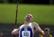 21 July 2001; Terry McHugh of Dublin City Harriers AC on his way to winning the Javelin event for a World Record, 18th time, on Day One of the AAI National Track and Field Championships of Ireland at Morton Stadium in Santry, Dublin. Photo by Brendan Moran/Sportsfile