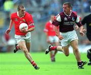 22 July 2001; Brendan Jer O'Sullivan of Cork in action against Sean Og De Paor of Galway during the Bank of Ireland All-Ireland Senior Football Championship Qualifier Round 4 match between Galway and Cork at Croke Park in Dublin. Photo by Ray McManus/Sportsfile