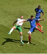 26 June 2016; Olivier Giroud of France in action against Shane Duffy of Republic of Ireland during the UEFA Euro 2016 Round of 16 match between France and Republic of Ireland at Stade des Lumieres in Lyon, France. Photo by Sportsfile