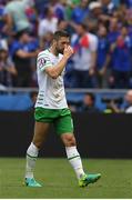 26 June 2016;  Shane Duffy of Republic of Ireland walks of the field after being sent off during the UEFA Euro 2016 Round of 16 match between France and Republic of Ireland at Stade des Lumieres in Lyon, France. Photo by Stephen McCarthy/Sportsfile