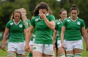 26 June 2016; Captain of Ireland Lucy Mulhall reacts as she leaves the pitch following their defeat during the World Rugby Women's Sevens Olympic Repechage Semi Final match between Russia and Ireland at UCD Sports Centre in Belfield, Dublin. Photo by Seb Daly/Sportsfile