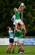 26 June 2016; Megan Williams of Ireland wins a line out ahead of Baizat Khamidova of Russia during the World Rugby Women's Sevens Olympic Repechage Semi Final match between Russia and Ireland at UCD Sports Centre in Belfield, Dublin. Photo by Seb Daly/Sportsfile
